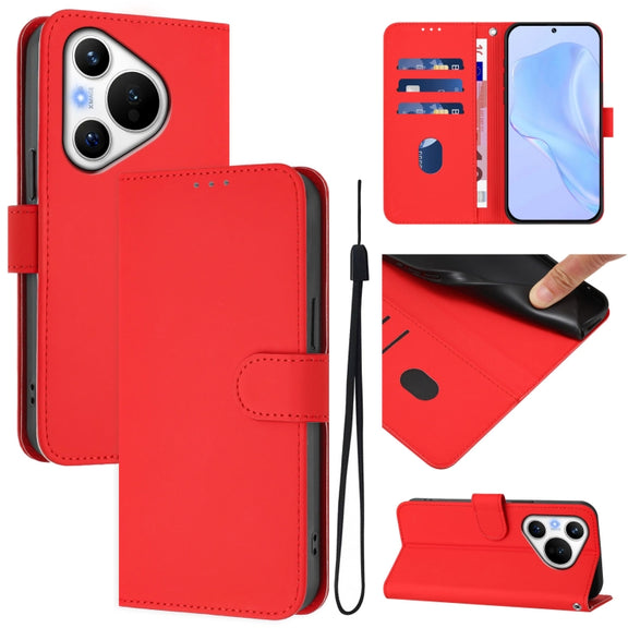 For Huawei Pura 70 Skin Feel Solid Color Leather Phone Case with Lanyard(Red)