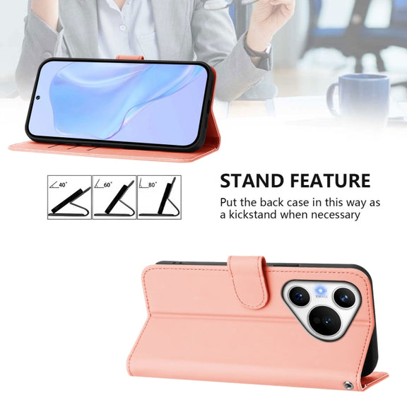 For Huawei Pura 70 Skin Feel Solid Color Leather Phone Case with Lanyard(Pink)