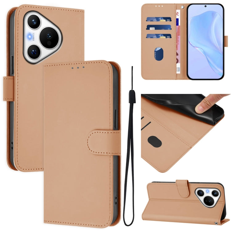 For Huawei Pura 70 Skin Feel Solid Color Leather Phone Case with Lanyard(Nude)