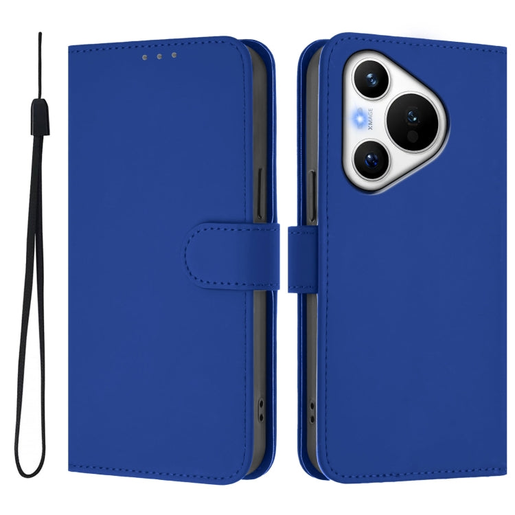 For Huawei Pura 70 Skin Feel Solid Color Leather Phone Case with Lanyard(Dark Blue)