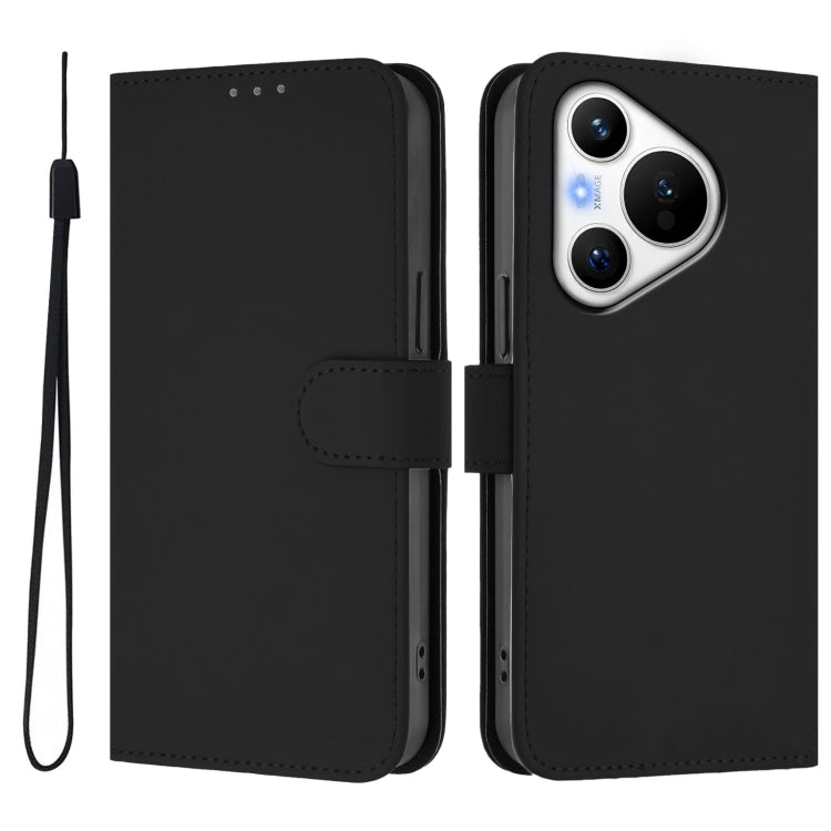 For Huawei Pura 70 Skin Feel Solid Color Leather Phone Case with Lanyard(Black)