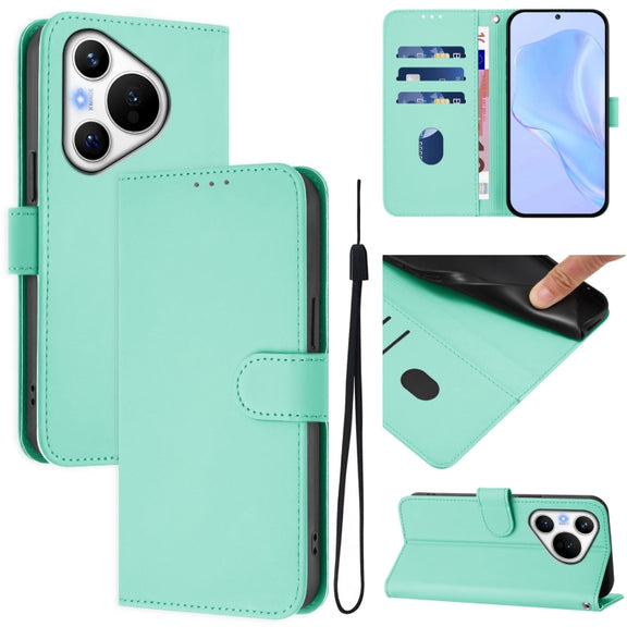 For Huawei Pura 70 Skin Feel Solid Color Leather Phone Case with Lanyard(Mint Green)