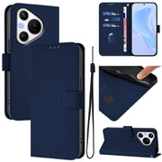For Huawei Pura 70 Skin Feel Solid Color Leather Phone Case with Lanyard(Navy Blue)
