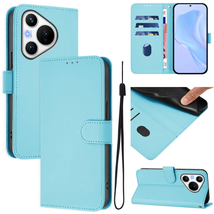 For Huawei Pura 70 Skin Feel Solid Color Leather Phone Case with Lanyard(Sky Blue)