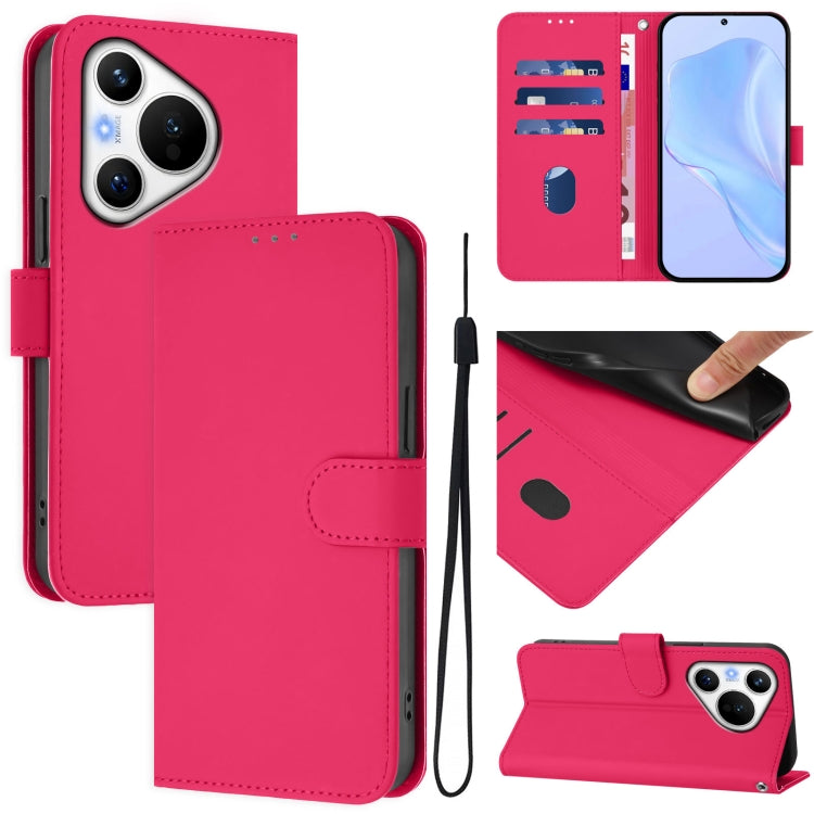 For Huawei Pura 70 Skin Feel Solid Color Leather Phone Case with Lanyard(Rose Red)