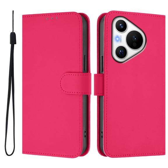 For Huawei Pura 70 Skin Feel Solid Color Leather Phone Case with Lanyard(Rose Red)