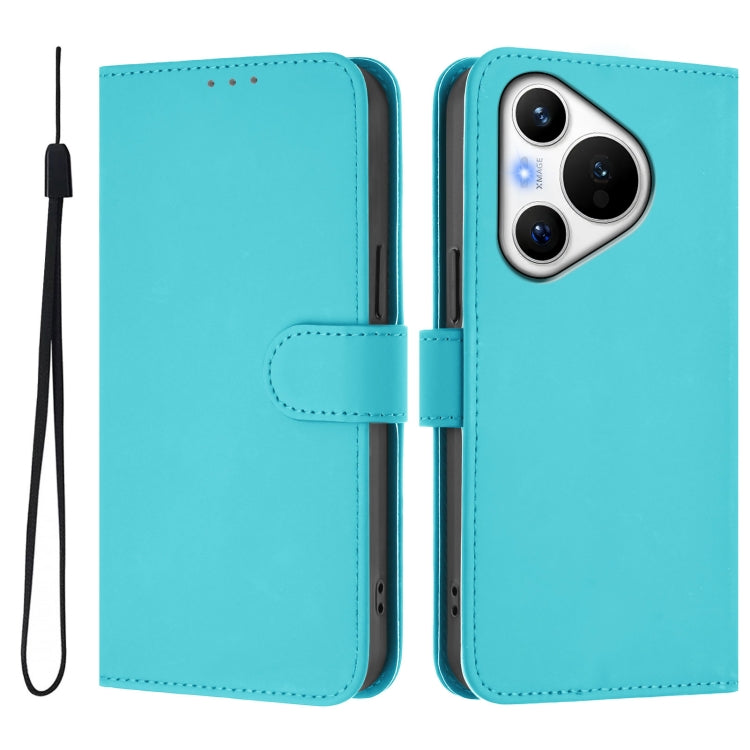 For Huawei Pura 70 Skin Feel Solid Color Leather Phone Case with Lanyard(Lake Blue)