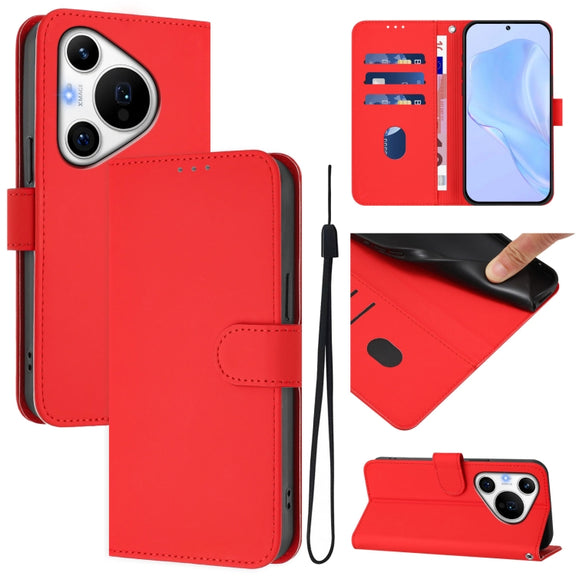 For Huawei Pura 70 Pro / 70 Pro+ Skin Feel Solid Color Leather Phone Case with Lanyard(Red)