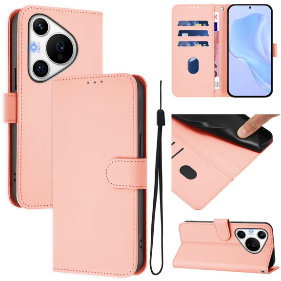 For Huawei Pura 70 Pro / 70 Pro+ Skin Feel Solid Color Leather Phone Case with Lanyard(Pink)