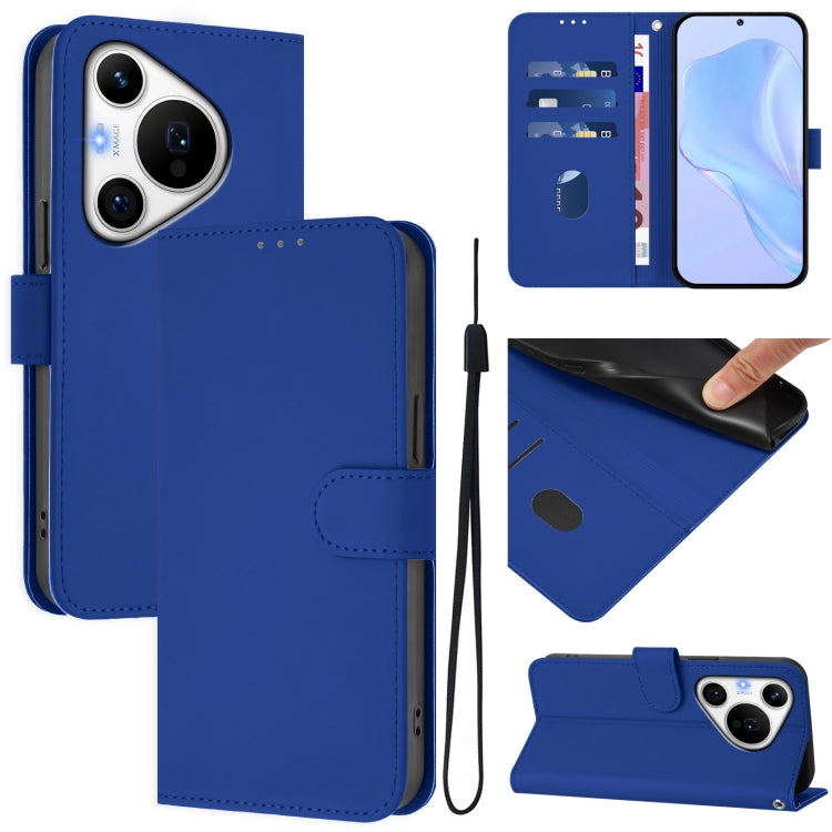 For Huawei Pura 70 Pro / 70 Pro+ Skin Feel Solid Color Leather Phone Case with Lanyard(Dark Blue)