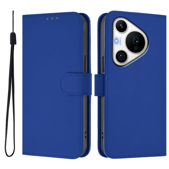For Huawei Pura 70 Pro / 70 Pro+ Skin Feel Solid Color Leather Phone Case with Lanyard(Dark Blue)