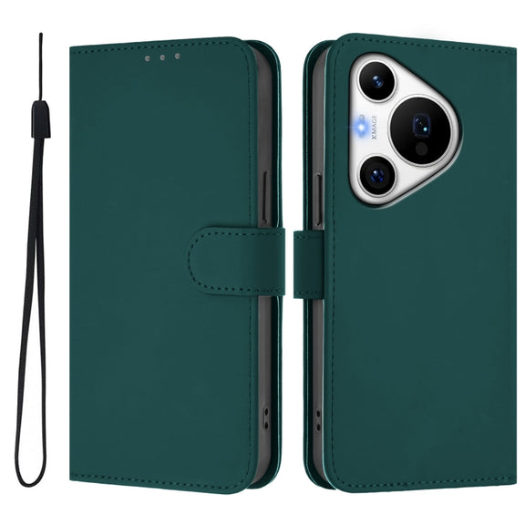For Huawei Pura 70 Pro / 70 Pro+ Skin Feel Solid Color Leather Phone Case with Lanyard(Dark Green)