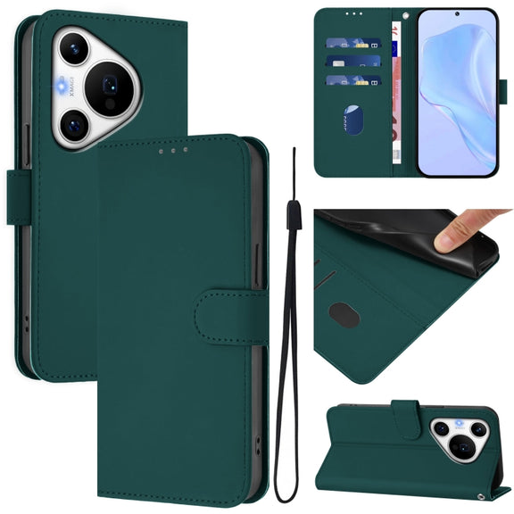 For Huawei Pura 70 Pro / 70 Pro+ Skin Feel Solid Color Leather Phone Case with Lanyard(Dark Green)