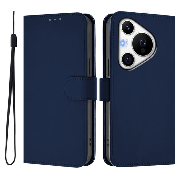 For Huawei Pura 70 Pro / 70 Pro+ Skin Feel Solid Color Leather Phone Case with Lanyard(Navy Blue)
