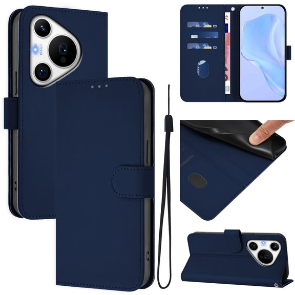For Huawei Pura 70 Pro / 70 Pro+ Skin Feel Solid Color Leather Phone Case with Lanyard(Navy Blue)