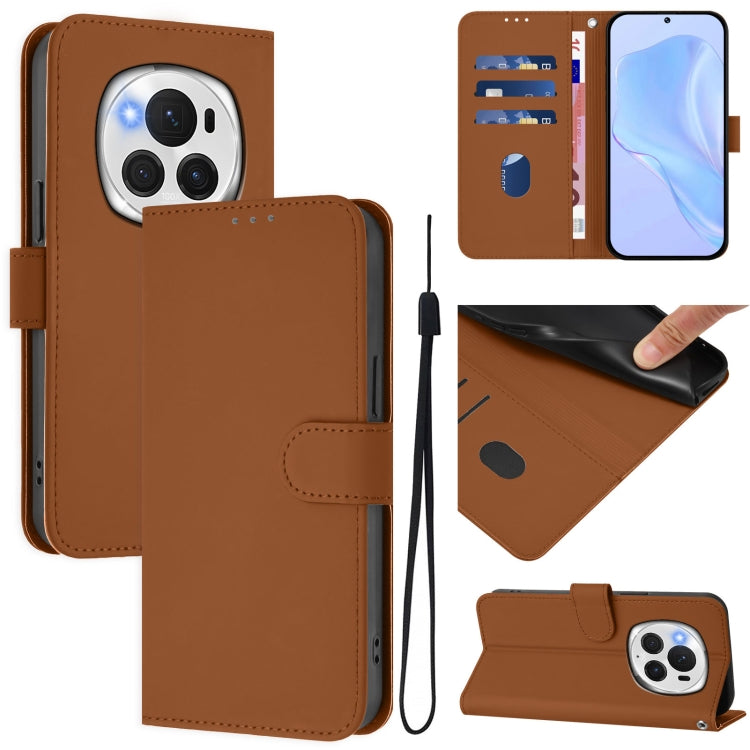 For Honor Magic6 Pro Skin Feel Solid Color Leather Phone Case with Lanyard(Brown)