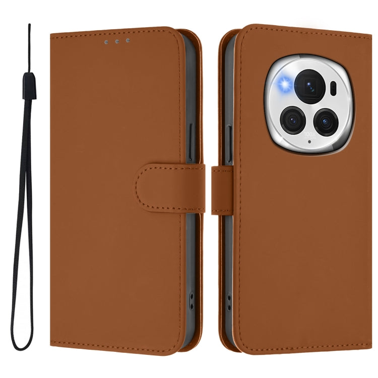 For Honor Magic6 Pro Skin Feel Solid Color Leather Phone Case with Lanyard(Brown)
