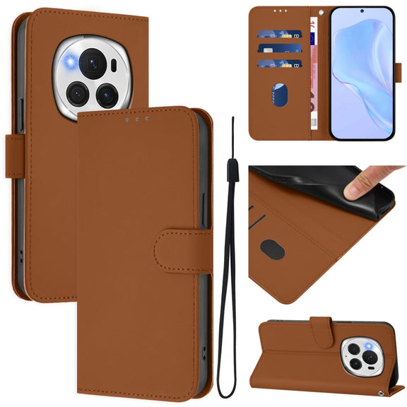 For Honor Magic6 Pro Skin Feel Solid Color Leather Phone Case with Lanyard(Brown)