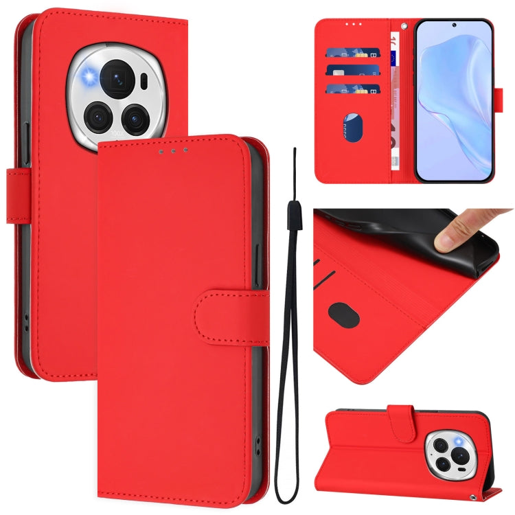 For Honor Magic6 Pro Skin Feel Solid Color Leather Phone Case with Lanyard(Red)