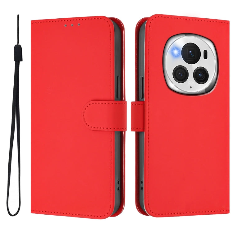 For Honor Magic6 Pro Skin Feel Solid Color Leather Phone Case with Lanyard(Red)