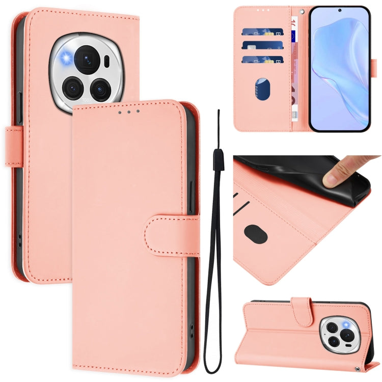 For Honor Magic6 Pro Skin Feel Solid Color Leather Phone Case with Lanyard(Pink)