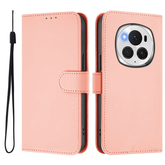 For Honor Magic6 Pro Skin Feel Solid Color Leather Phone Case with Lanyard(Pink)