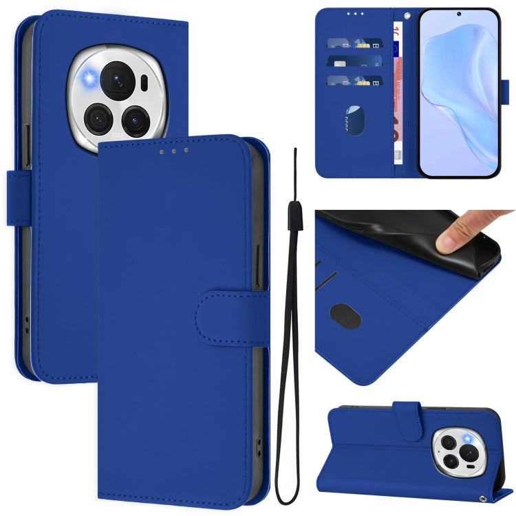 For Honor Magic6 Pro Skin Feel Solid Color Leather Phone Case with Lanyard(Dark Blue)