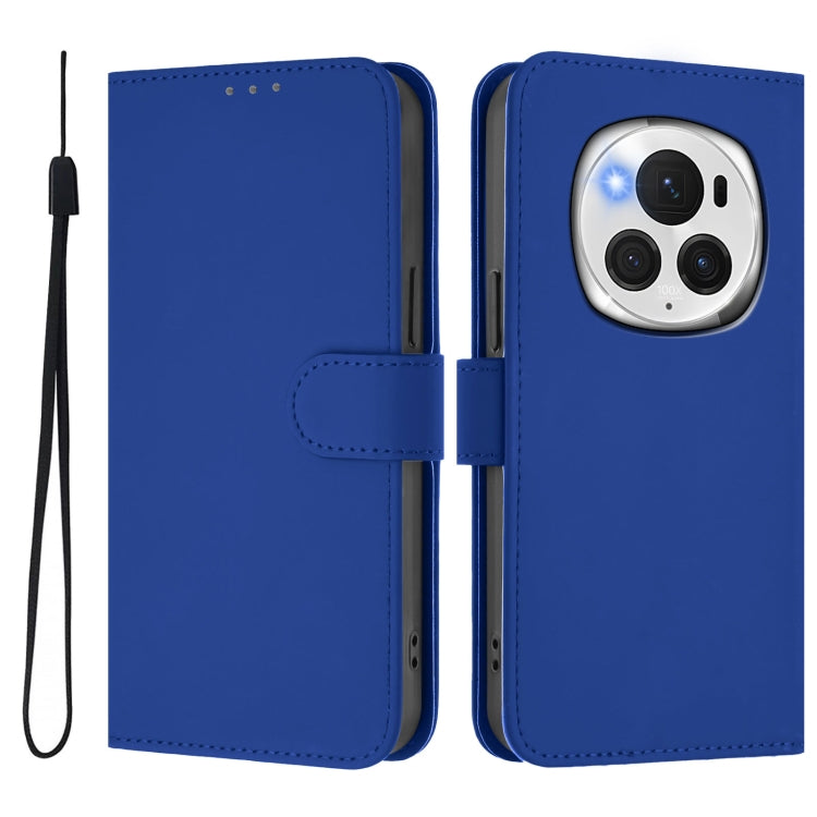 For Honor Magic6 Pro Skin Feel Solid Color Leather Phone Case with Lanyard(Dark Blue)