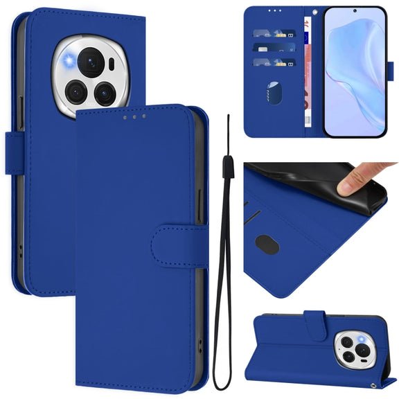 For Honor Magic6 Pro Skin Feel Solid Color Leather Phone Case with Lanyard(Dark Blue)