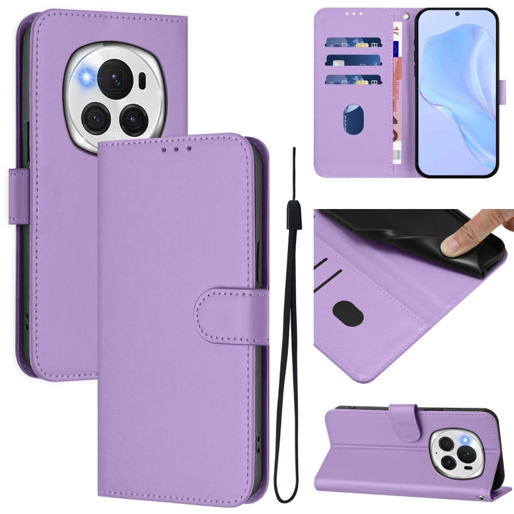 For Honor Magic6 Pro Skin Feel Solid Color Leather Phone Case with Lanyard(Lavender Purple)