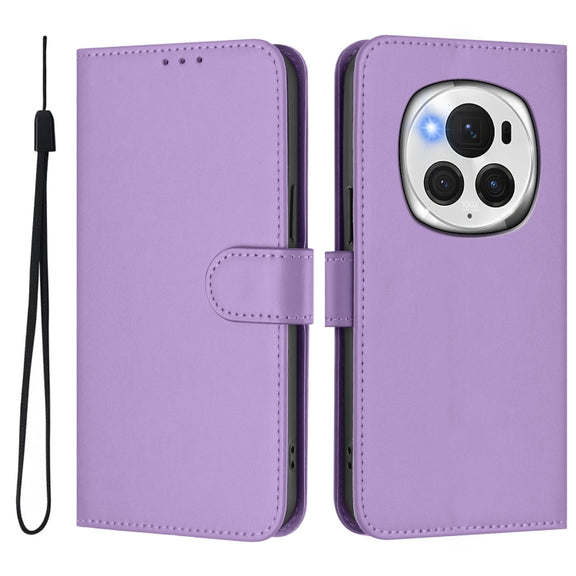 For Honor Magic6 Pro Skin Feel Solid Color Leather Phone Case with Lanyard(Lavender Purple)