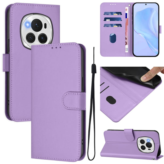 For Honor Magic6 Pro Skin Feel Solid Color Leather Phone Case with Lanyard(Lavender Purple)