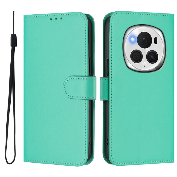 For Honor Magic6 Pro Skin Feel Solid Color Leather Phone Case with Lanyard(Green)