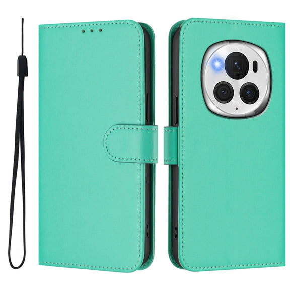 For Honor Magic6 Pro Skin Feel Solid Color Leather Phone Case with Lanyard(Green)
