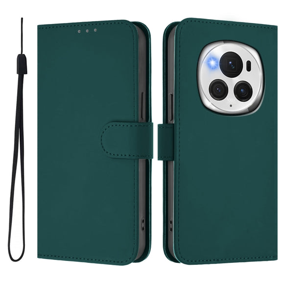 For Honor Magic6 Pro Skin Feel Solid Color Leather Phone Case with Lanyard(Dark Green)