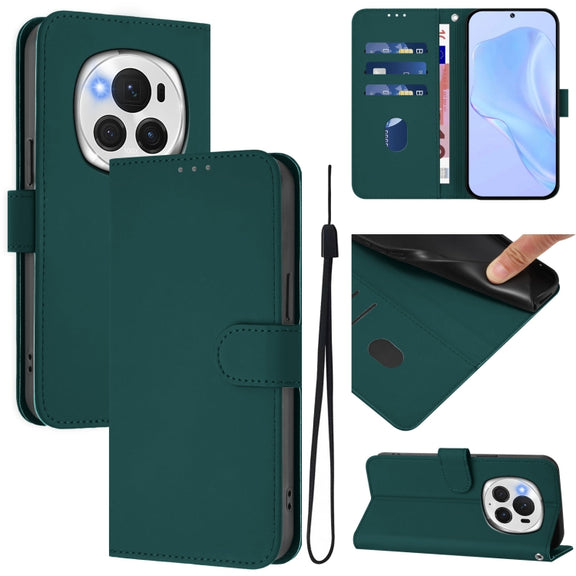 For Honor Magic6 Pro Skin Feel Solid Color Leather Phone Case with Lanyard(Dark Green)