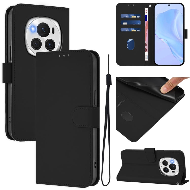 For Honor Magic6 Pro Skin Feel Solid Color Leather Phone Case with Lanyard(Black)