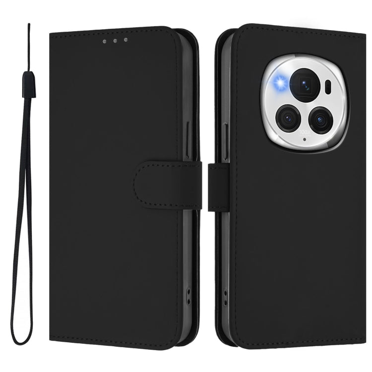 For Honor Magic6 Pro Skin Feel Solid Color Leather Phone Case with Lanyard(Black)