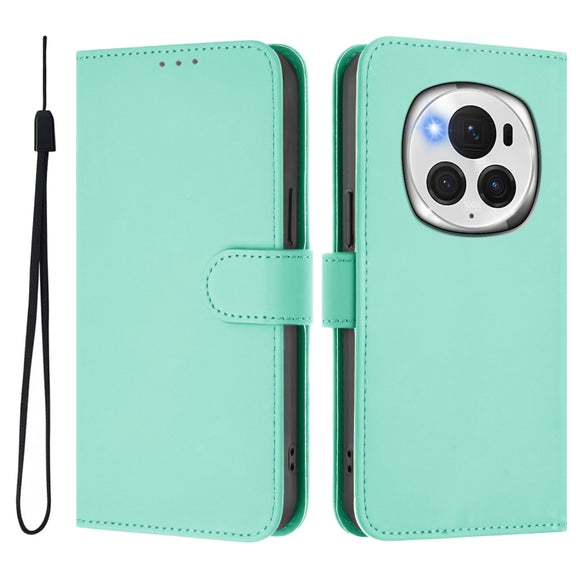For Honor Magic6 Pro Skin Feel Solid Color Leather Phone Case with Lanyard(Mint Green)