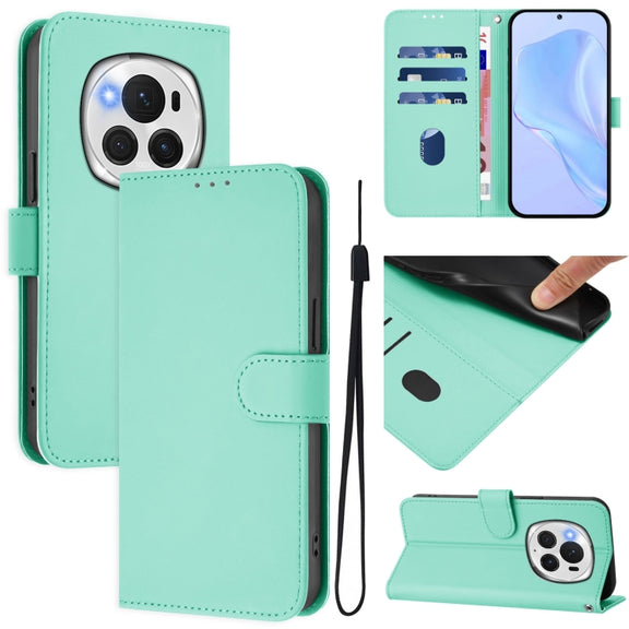 For Honor Magic6 Pro Skin Feel Solid Color Leather Phone Case with Lanyard(Mint Green)