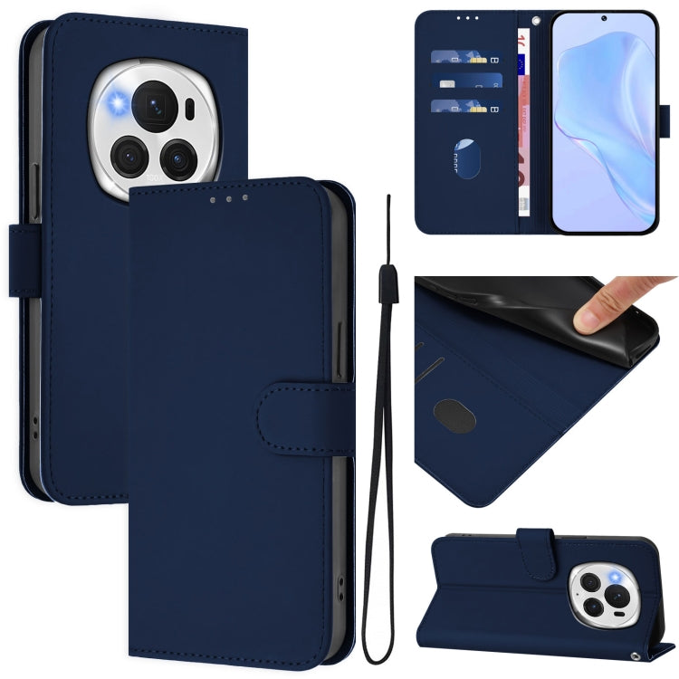 For Honor Magic6 Pro Skin Feel Solid Color Leather Phone Case with Lanyard(Navy Blue)
