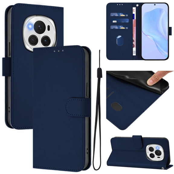 For Honor Magic6 Pro Skin Feel Solid Color Leather Phone Case with Lanyard(Navy Blue)