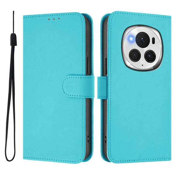 For Honor Magic6 Pro Skin Feel Solid Color Leather Phone Case with Lanyard(Lake Blue)