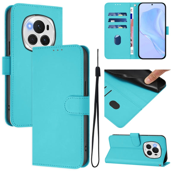 For Honor Magic6 Pro Skin Feel Solid Color Leather Phone Case with Lanyard(Lake Blue)