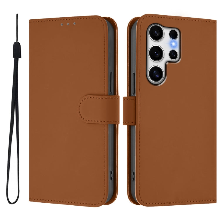 For Samsung Galaxy S25 Ultra 5G Skin Feel Solid Color Leather Phone Case with Lanyard(Brown)