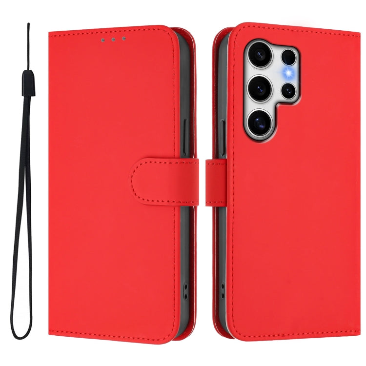 For Samsung Galaxy S25 Ultra 5G Skin Feel Solid Color Leather Phone Case with Lanyard(Red)