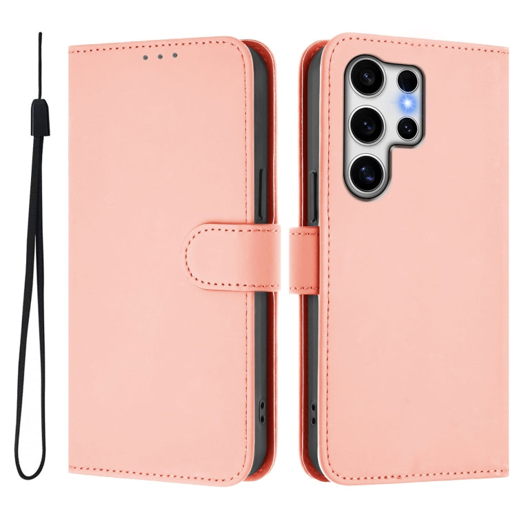 For Samsung Galaxy S25 Ultra 5G Skin Feel Solid Color Leather Phone Case with Lanyard(Pink)