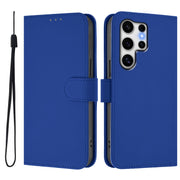 For Samsung Galaxy S25 Ultra 5G Skin Feel Solid Color Leather Phone Case with Lanyard(Dark Blue)
