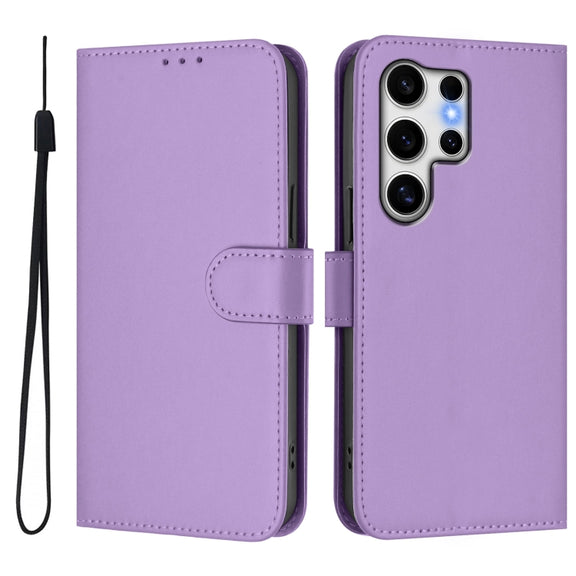 For Samsung Galaxy S25 Ultra 5G Skin Feel Solid Color Leather Phone Case with Lanyard(Lavender Purple)