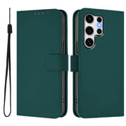 For Samsung Galaxy S25 Ultra 5G Skin Feel Solid Color Leather Phone Case with Lanyard(Dark Green)